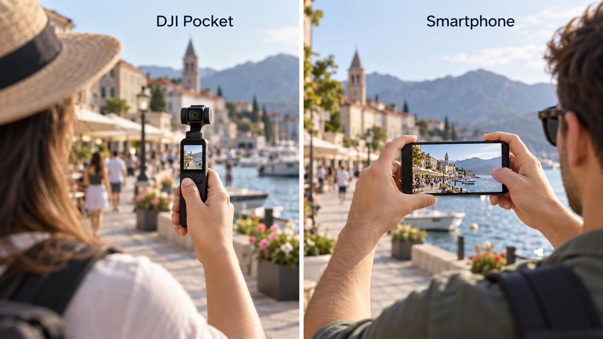 Side-by-side illustration of travelers filming with a DJI Pocket and a smartphone.