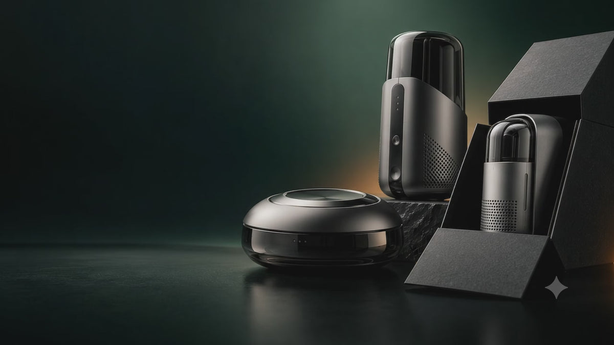 Load video: Slow cinematic camera movement across abstract Vitikoo technology concepts with graphite finishes, smoked glass and warm orange lighting.